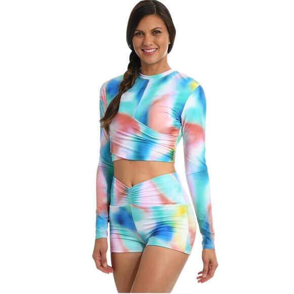 CITRUS Women’s Ruched Crew neck long sleeve‎ rash guard in tie dye multi-Size M - Picture 1 of 6